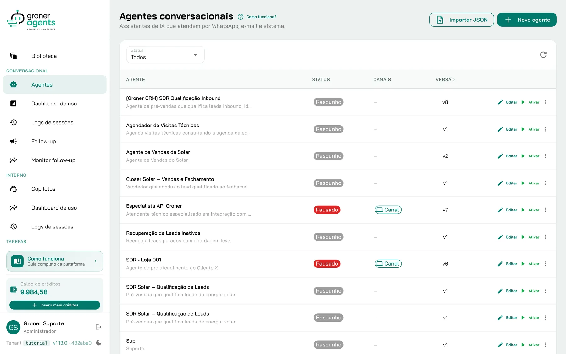 Painel de configuração de agentes de IA do Groner com fluxo de atendimento