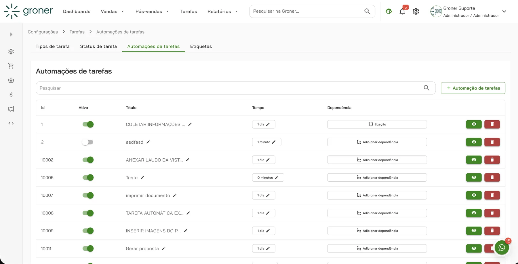 Editor de automações do Groner com fluxo de etapas e ações configuradas