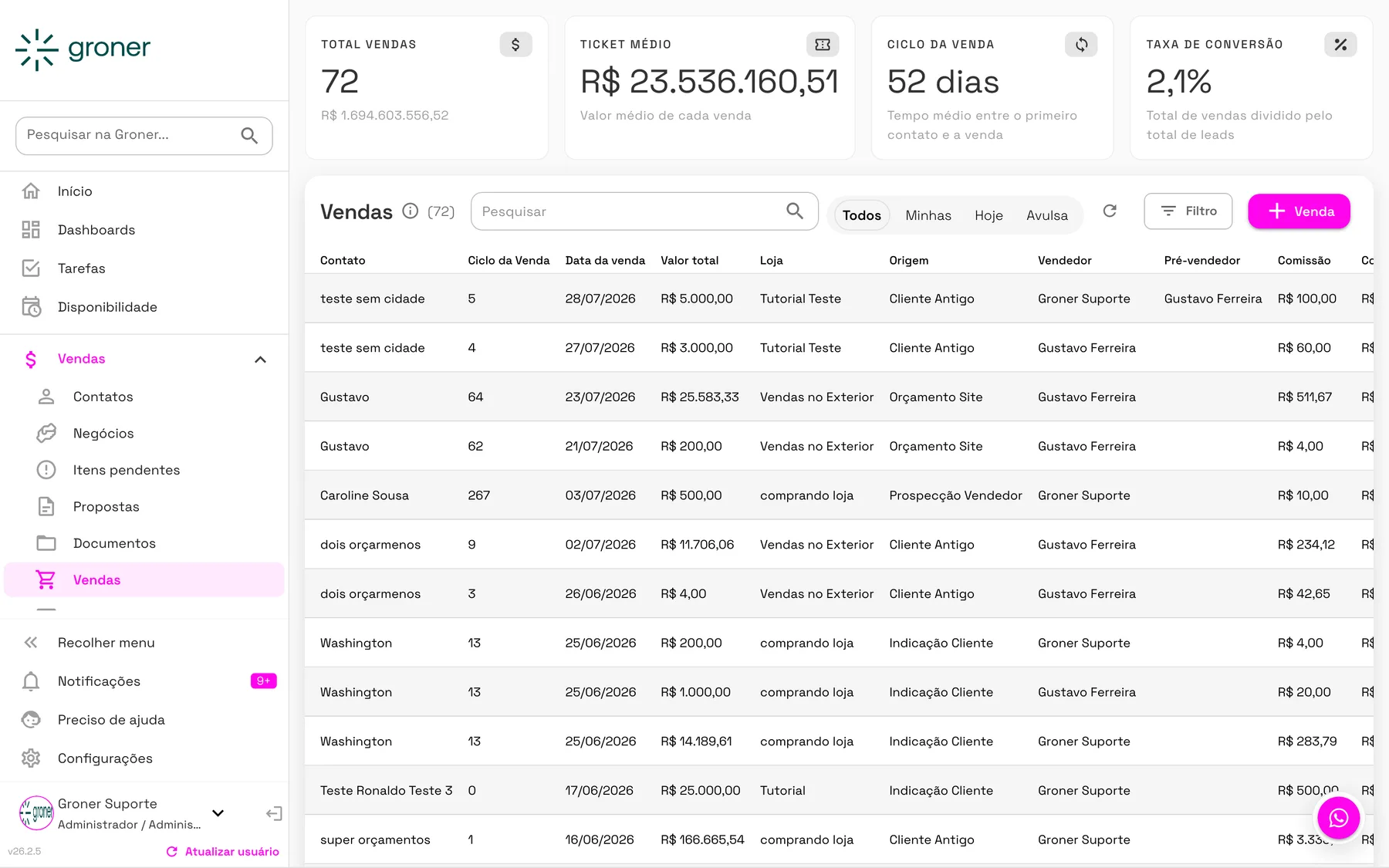 Tela de comissionamento do Groner com regras por vendedor e valores calculados