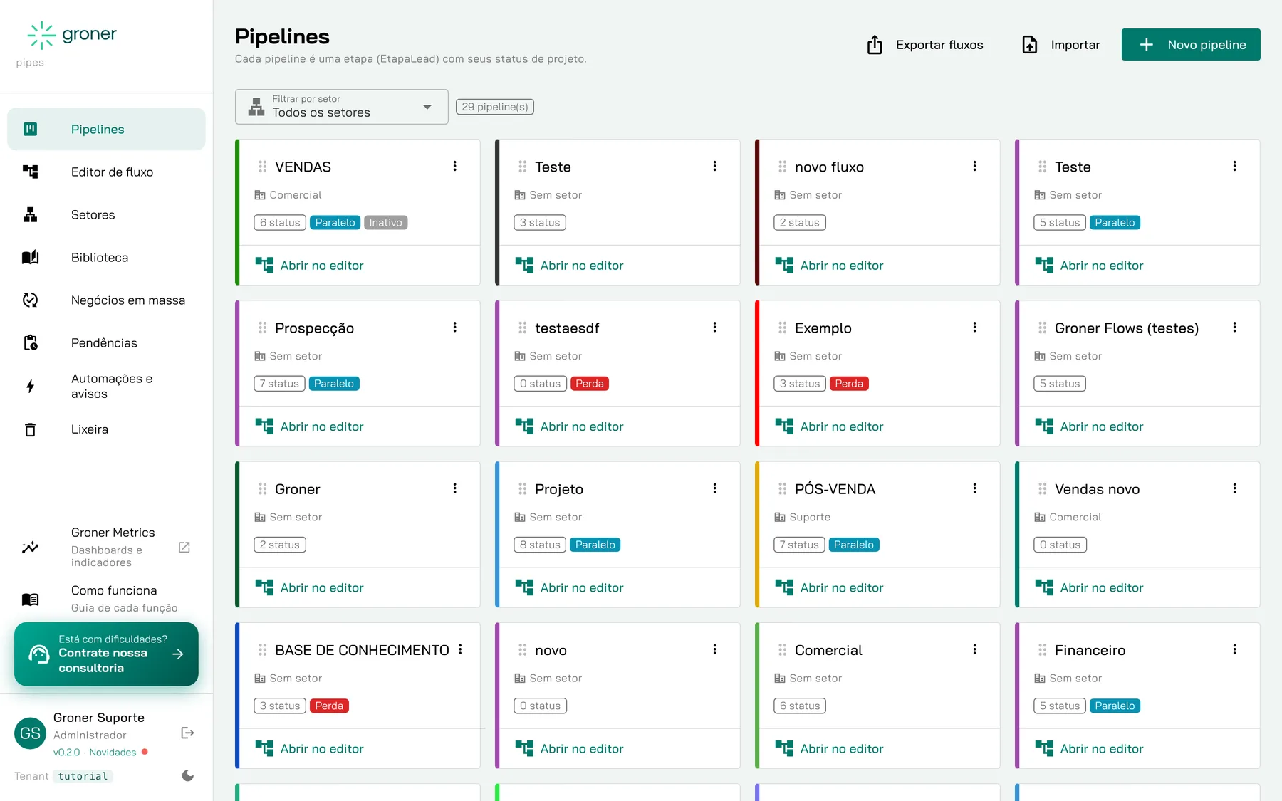 Groner Pipes com editor visual de pipelines da operação