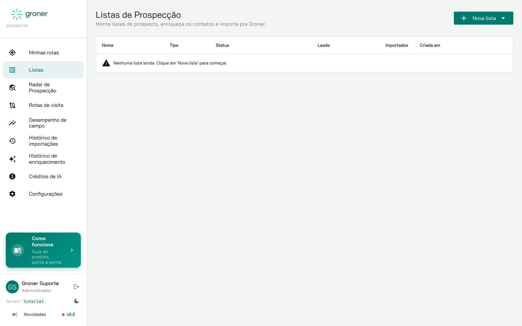 Groner Prospecta com fila de leads enriquecidos por IA